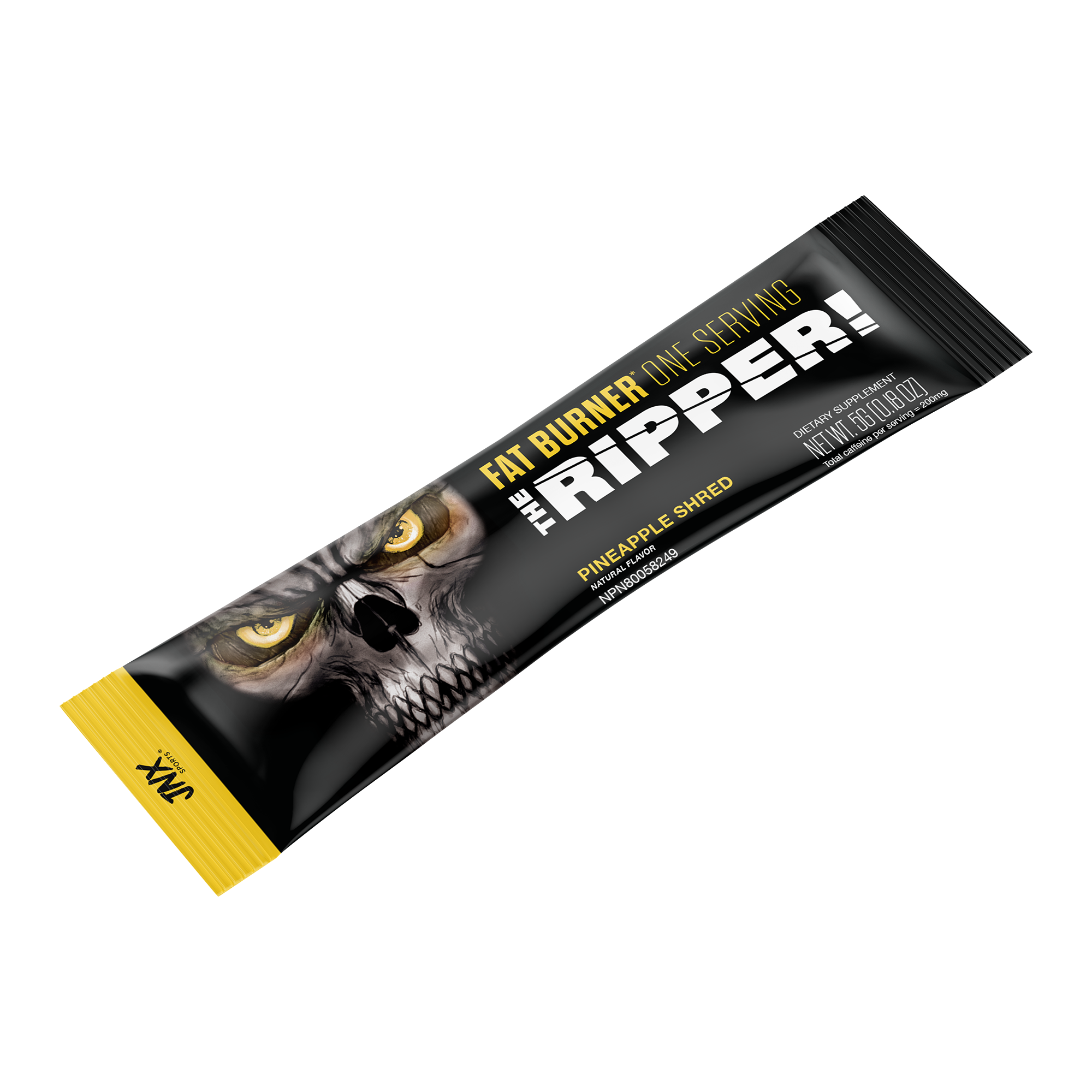 The Ripper! Stick fat burner stick with black packaging featuring a skull graphic and yellow accents, pineapple shred flavor