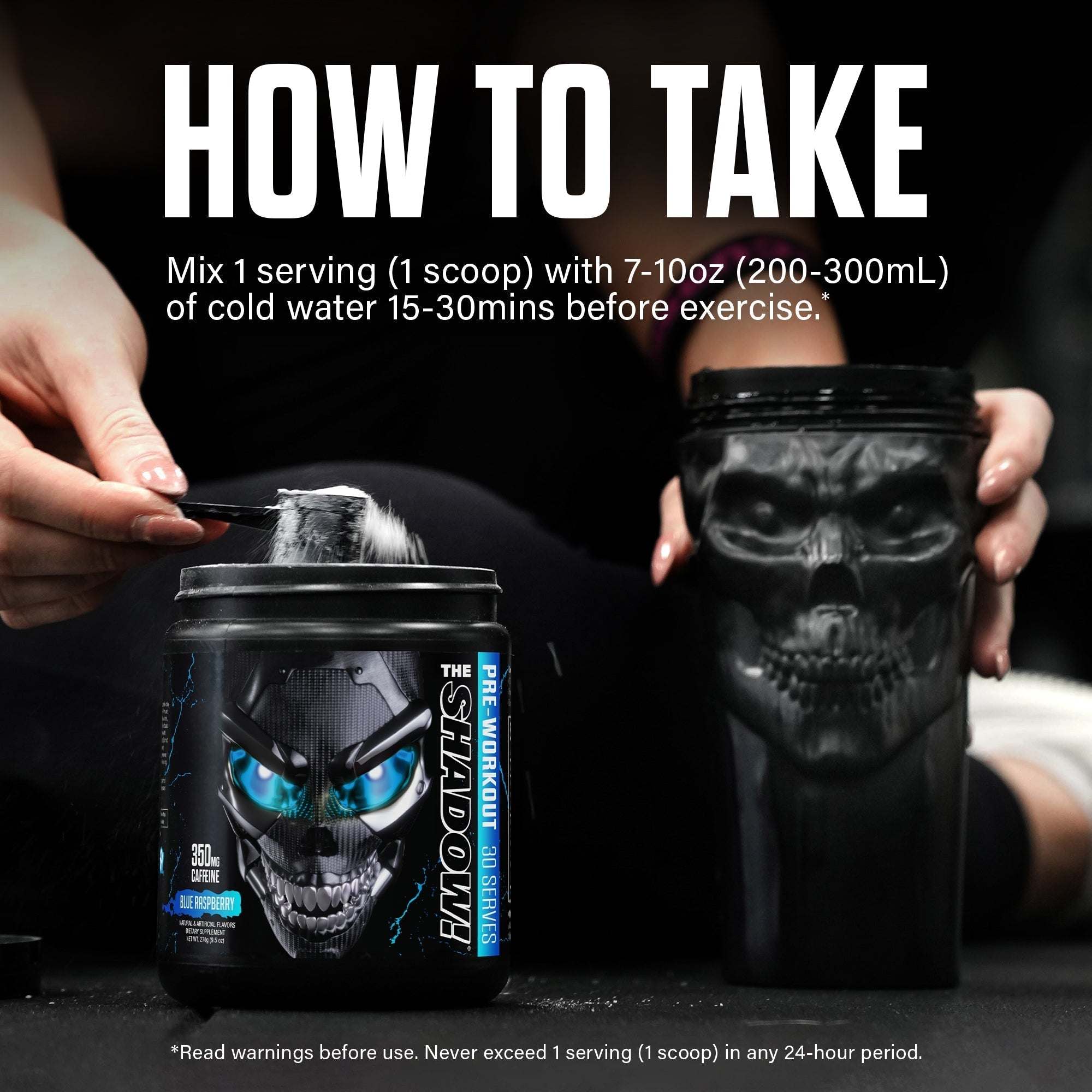 The Shadow pre-workout supplement canister with bold branding