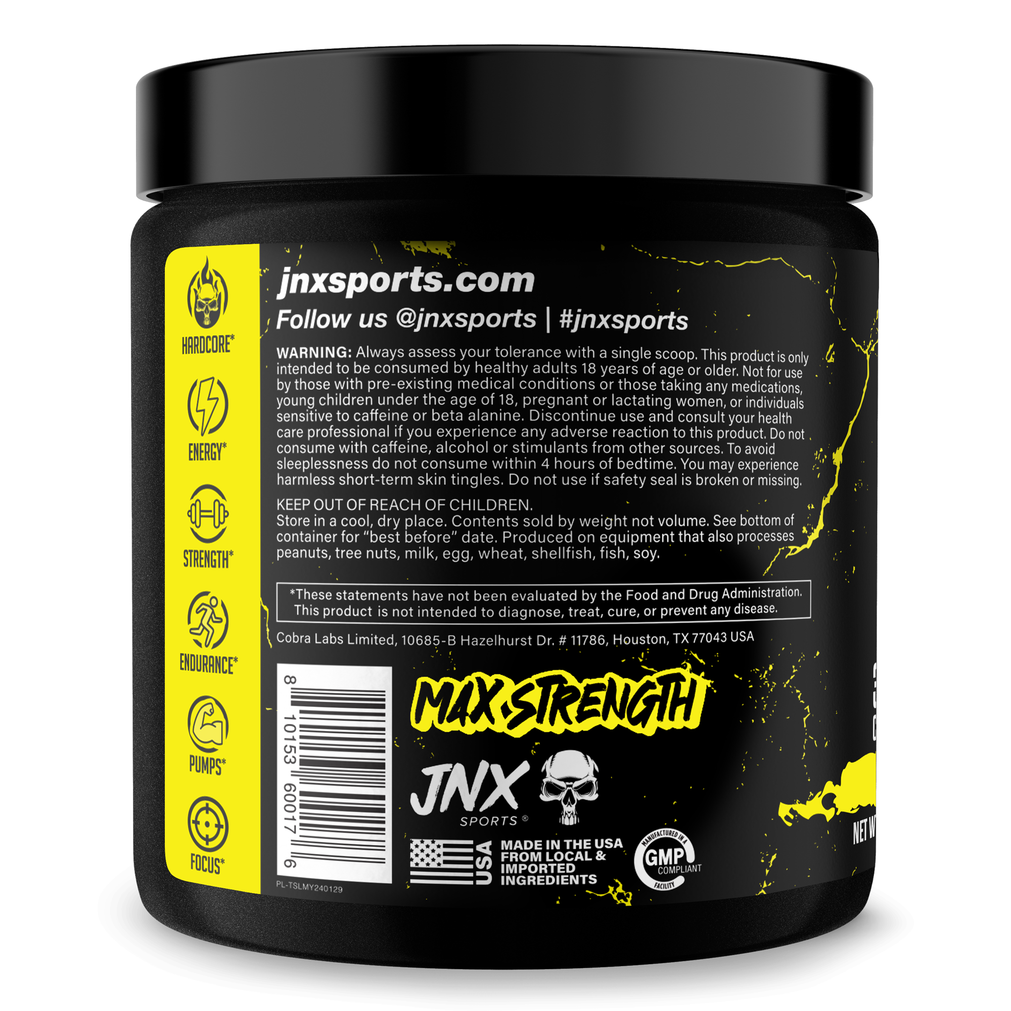 The Shadow pre-workout container with bold black and yellow design