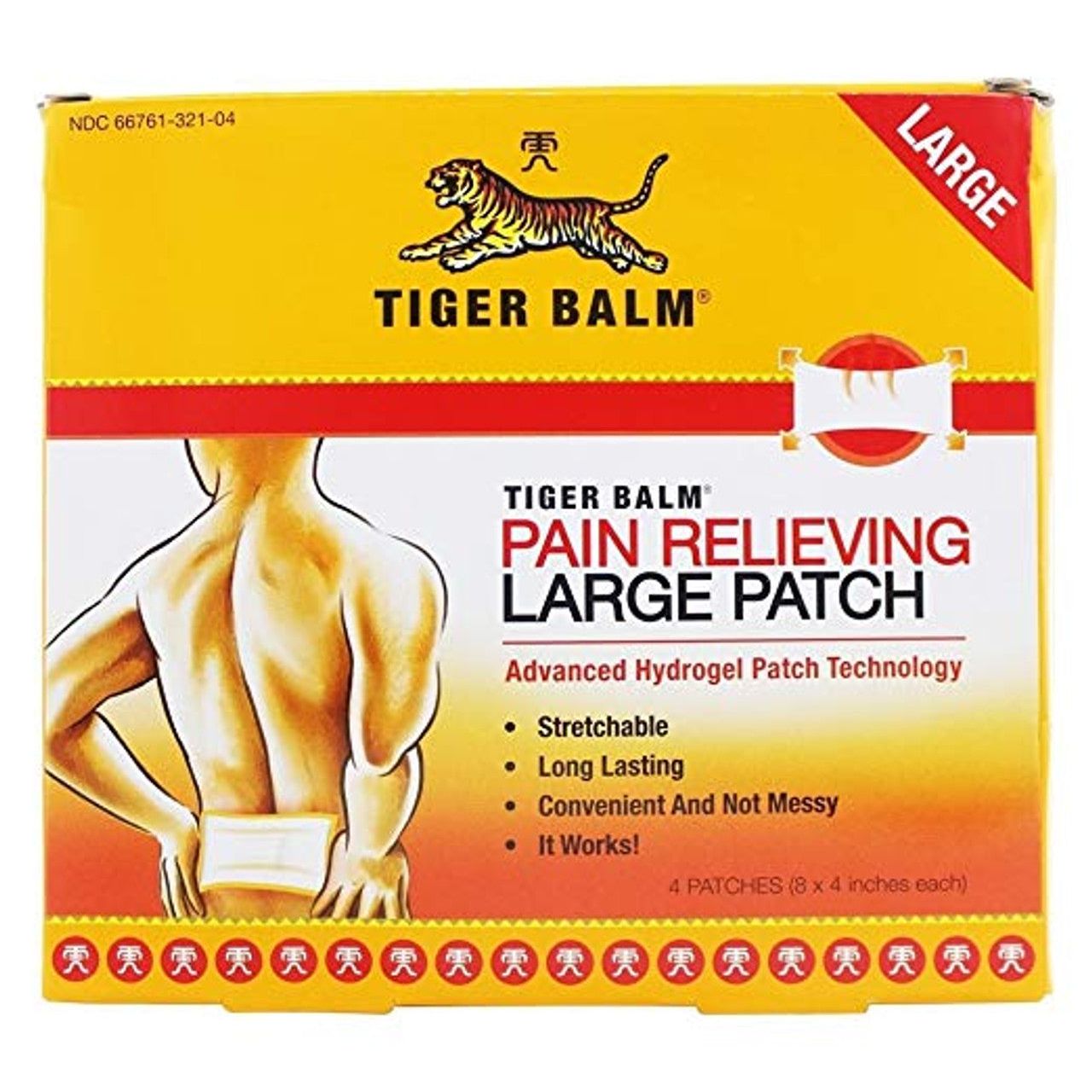 Tiger Balm Pain Relieving Hydrogel Patch, large yellow and red box with tiger logo and four stretchable patches.