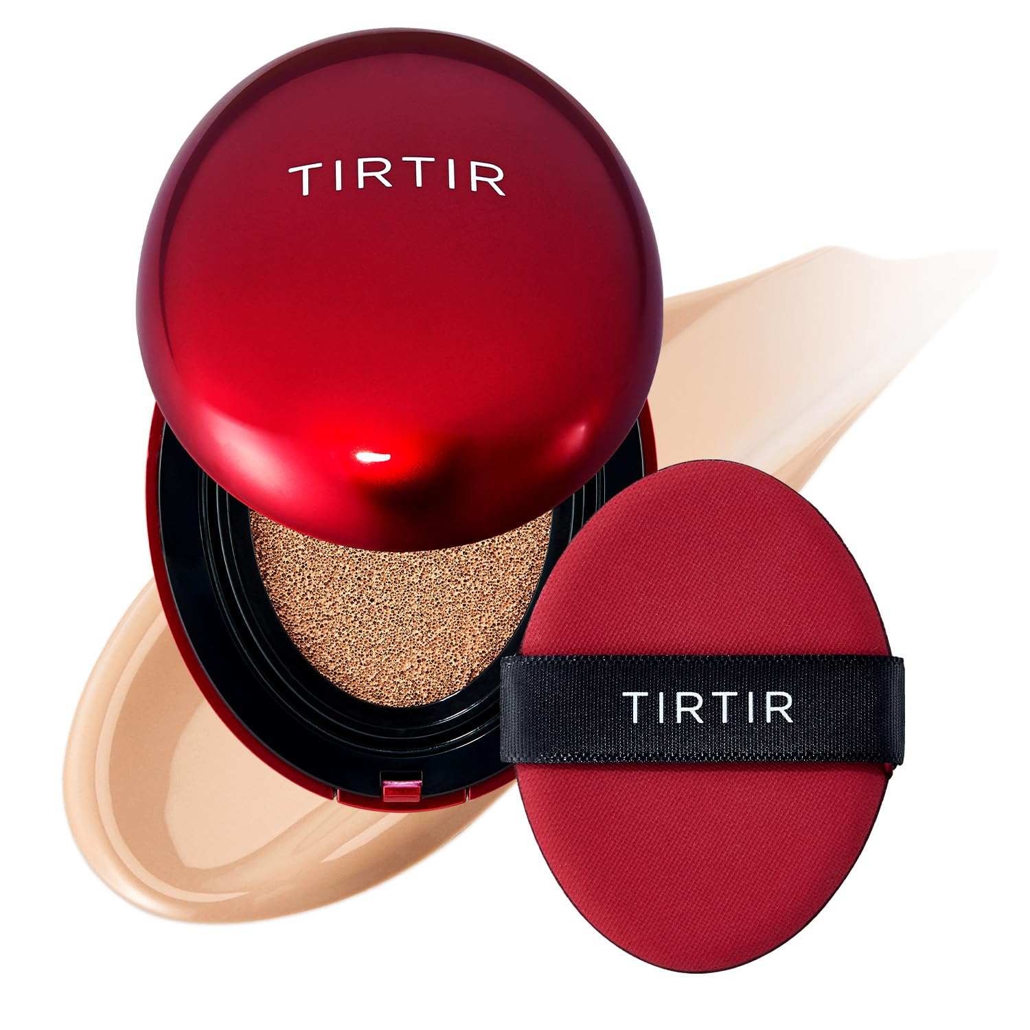 TIRTIR Mask Fit Red Cushion in deep red compact with matching applicator sponge and beige foundation shade swatch behind.