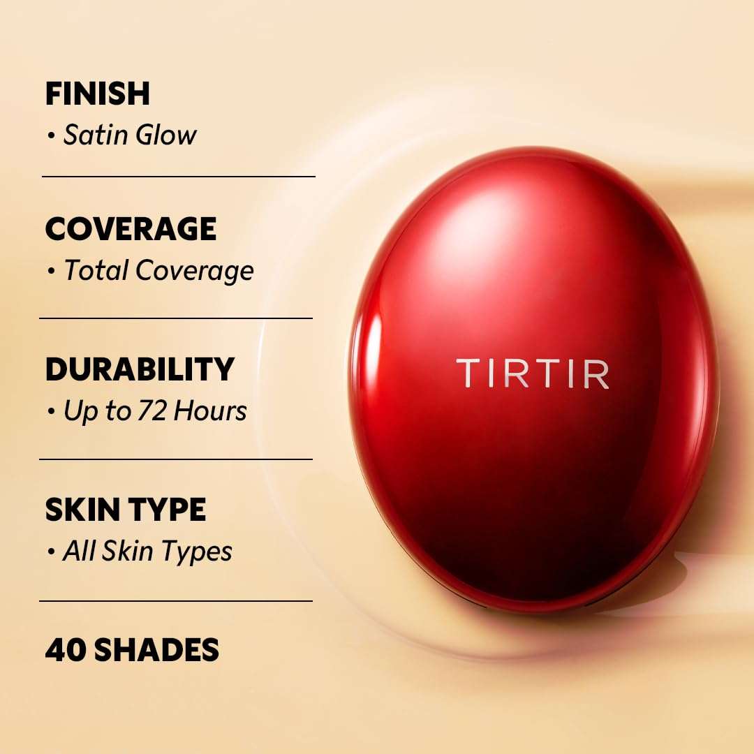TIRTIR Mask Fit Red Cushion makeup compact in shiny red with white logo, providing satin glow finish and total coverage.