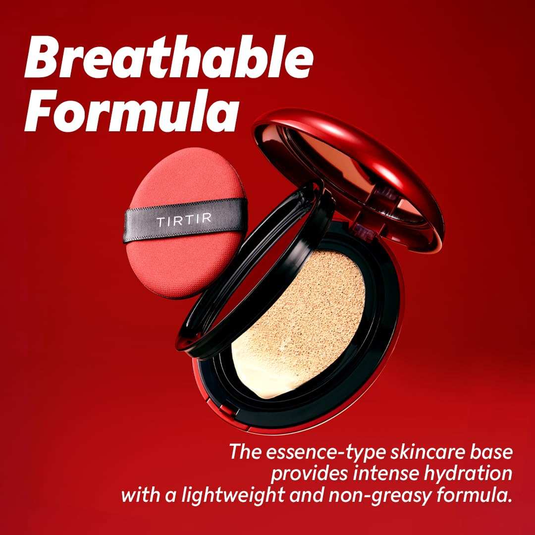 TIRTIR Mask Fit Red Cushion in glossy red compact with fine beige cushion and red applicator sponge with black band.