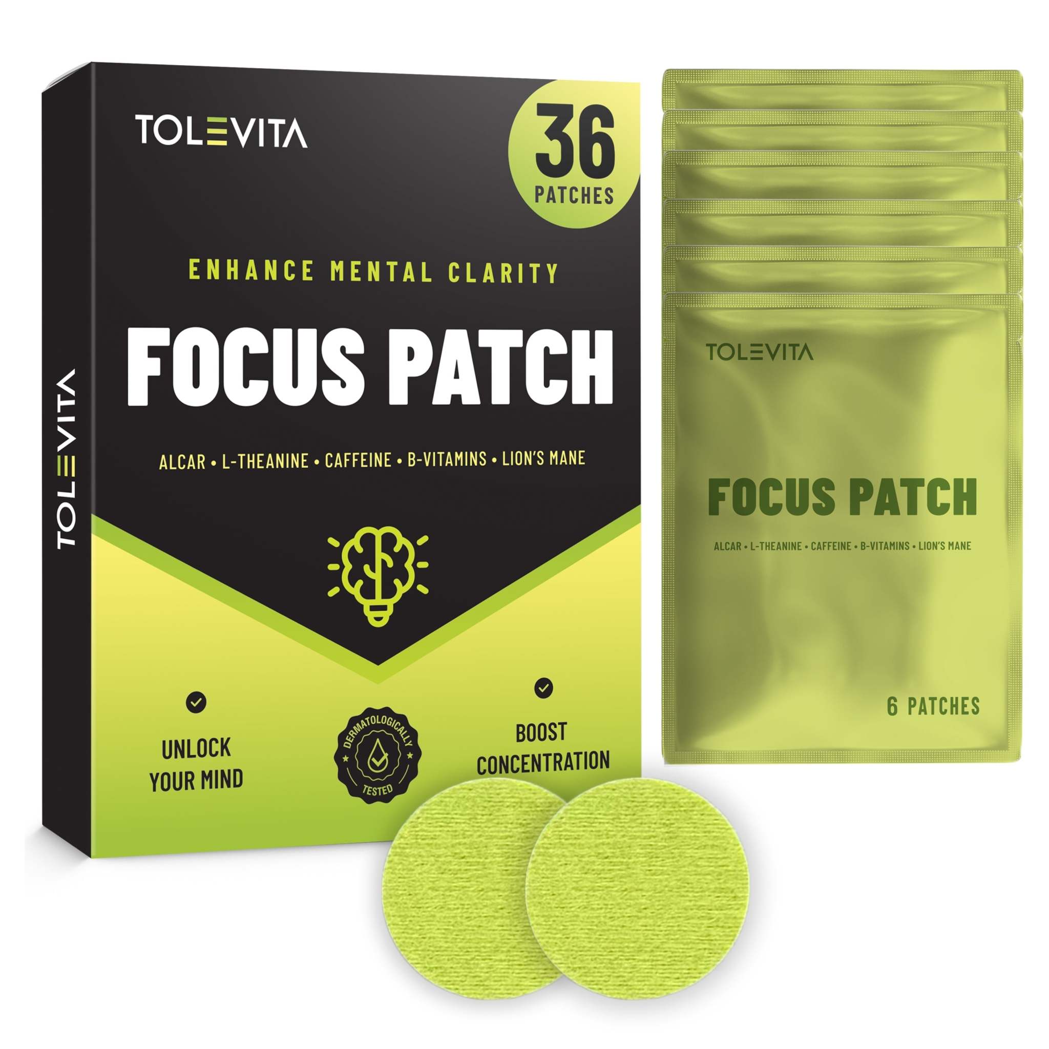 TOLEVITA Focus Patches for mental clarity and energy with ALCAR and Lion’s Mane