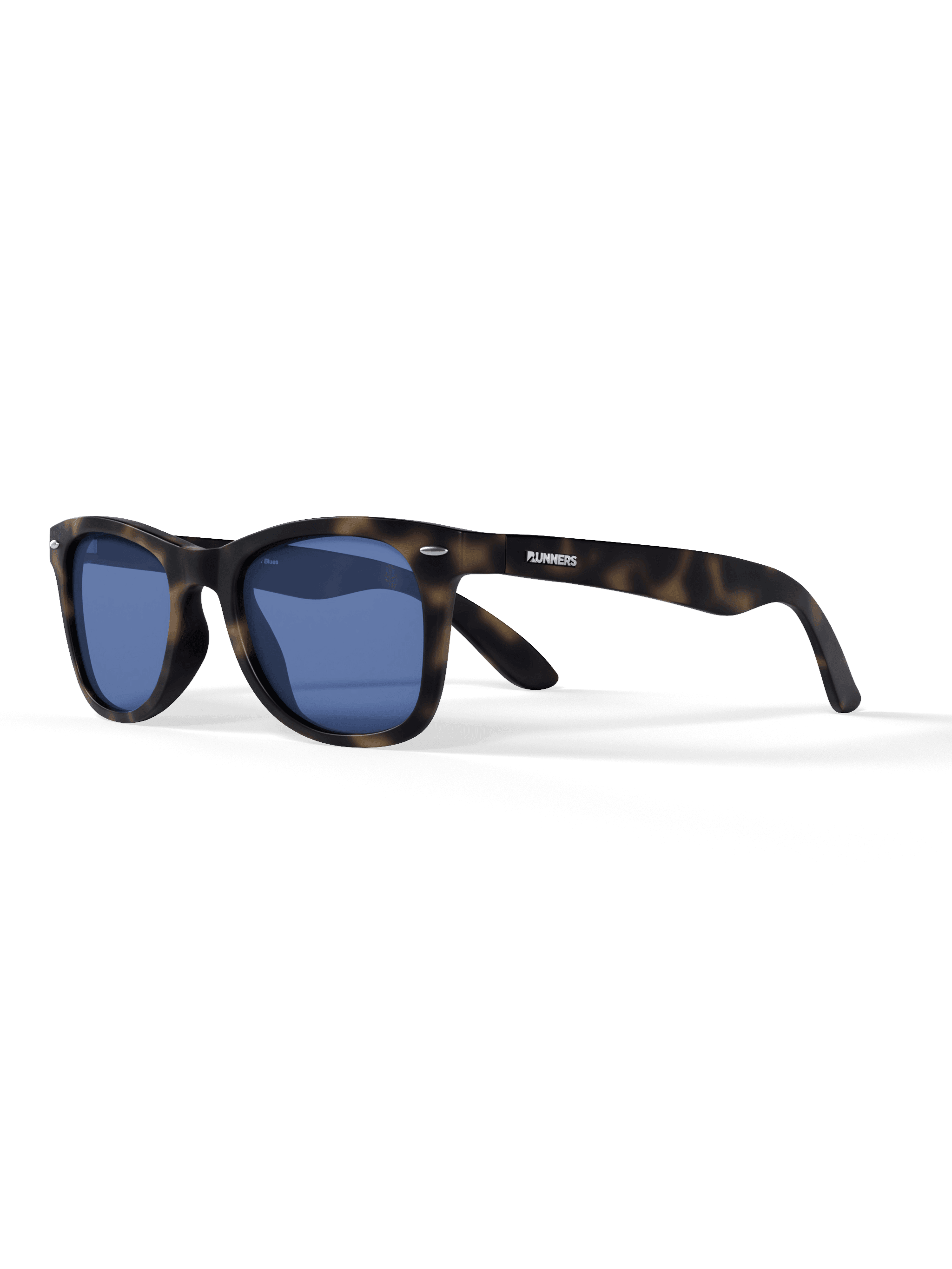 Tortoise Square Sport Sunglasses with dark mottled frames, blue lenses, and broad square rims with curved temples