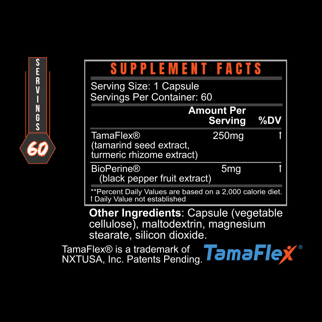 Supplement facts label for Training hard, listing TamaFlex, BioPerine, serving size of one capsule, and 60 servings
