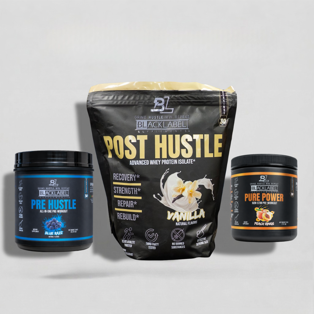 TRAINING STACK supplement bundle with black Pre Hustle, Post Hustle vanilla protein pouch, and Pure Power containers