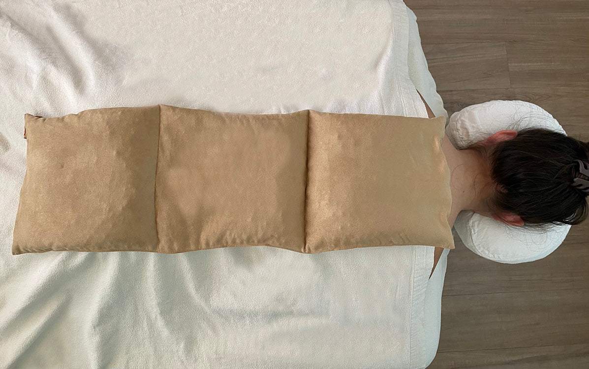 Triple Square Cherry Stone Pillow in tan suede with three connected square sections and a soft, smooth finish