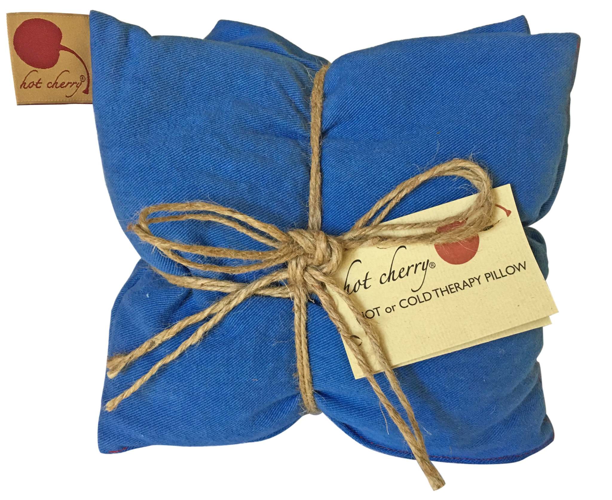 Triple Square Pillow in vivid blue denim cotton, folded into three square sections and tied with rustic twine