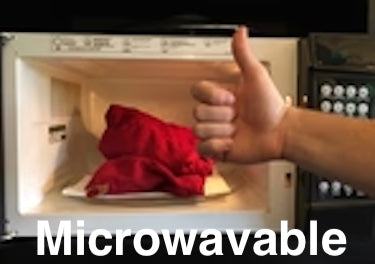 Triple Square Pillow in red fabric, gathered into a soft bundle and shown as suitable for microwave warming