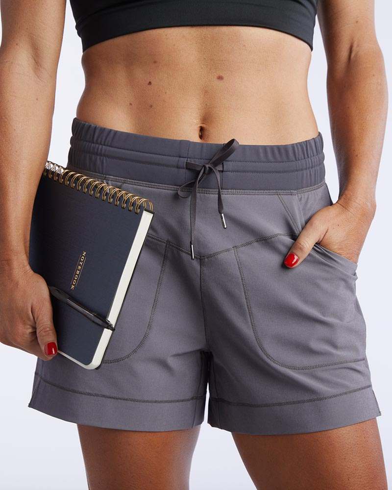 Triple V Womens Athletic Shorts in charcoal gray with a double-layered knit waistband, drawcord and front pockets