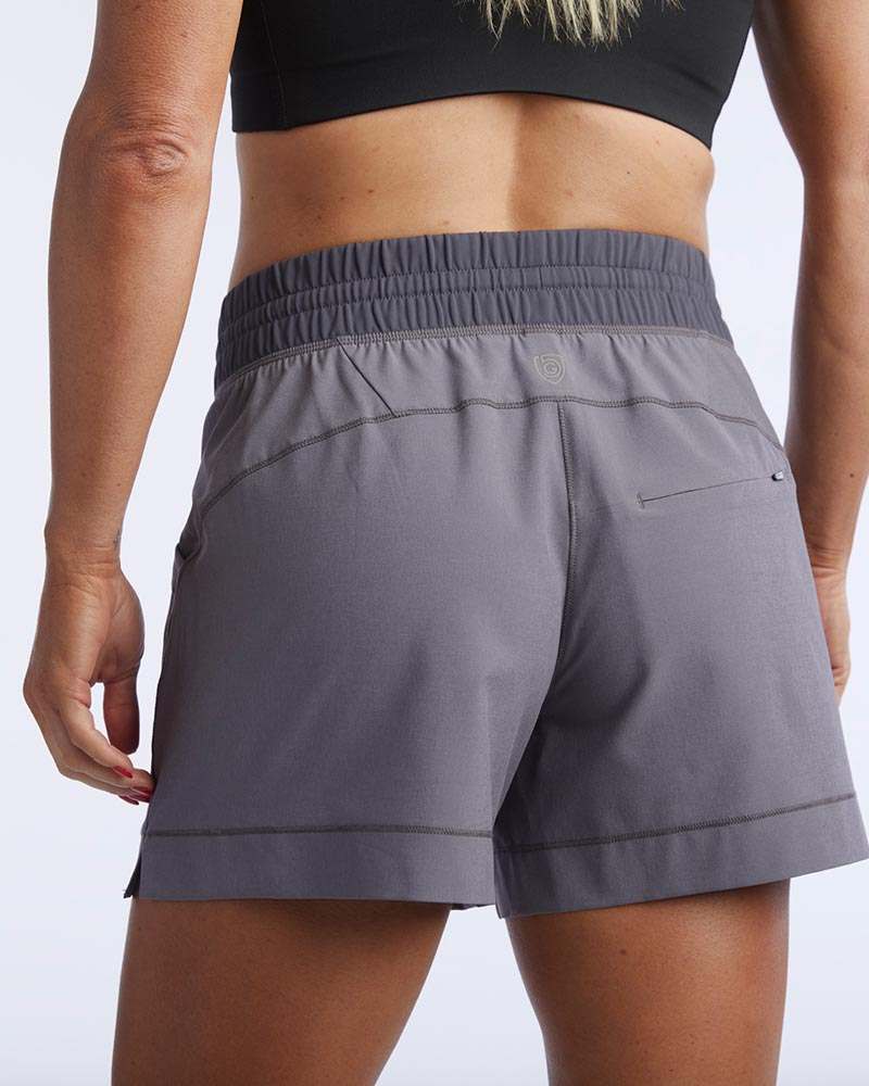 Triple V Womens Athletic Shorts in gray woven fabric, with a wide gathered waistband and a small rear zippered pocket