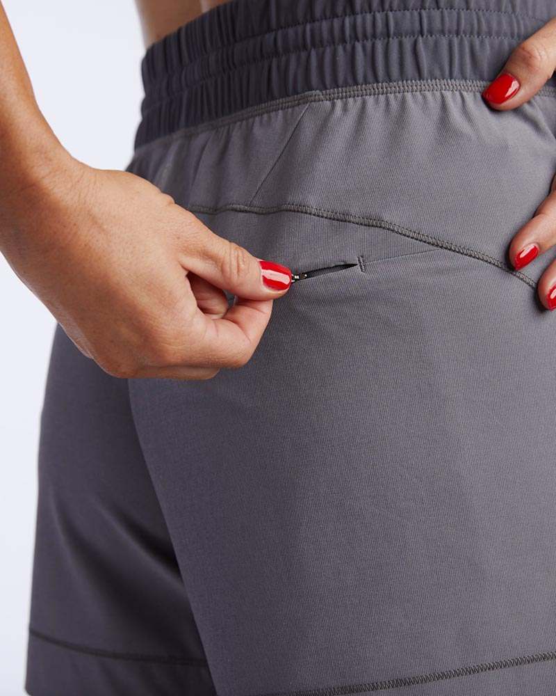 Triple V Womens Athletic Shorts in grey stretch fabric with a gathered waistband and small rear zippered pocket