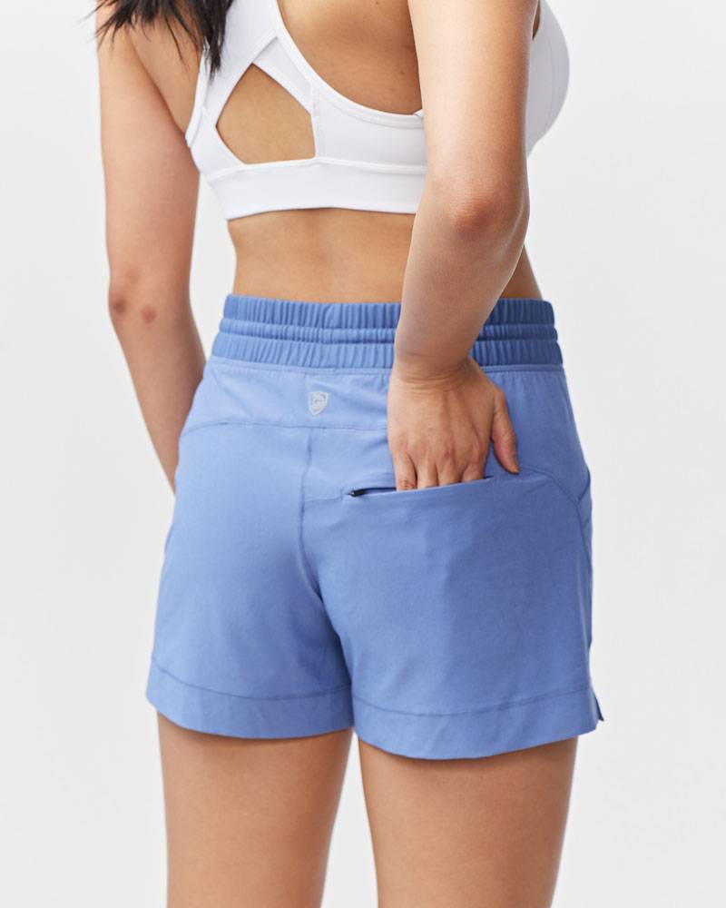 Triple V Womens Athletic Shorts in light blue smooth fabric, with an elastic waistband and a rear pocket