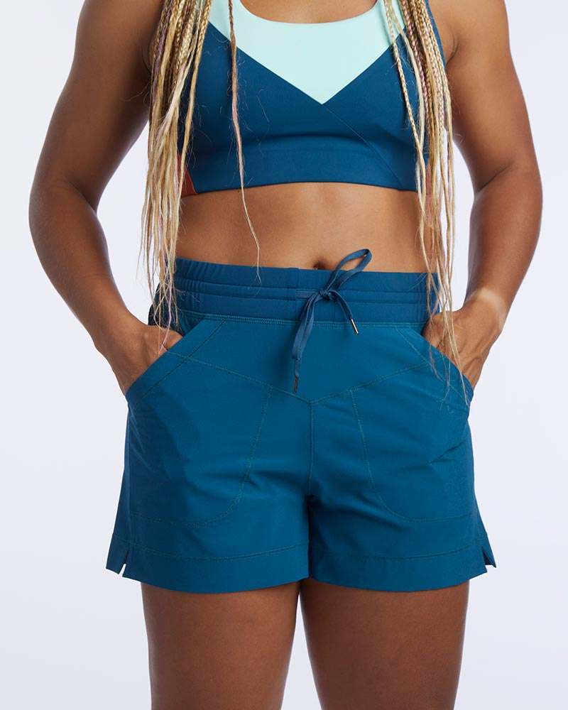 Triple V Womens Athletic Shorts in deep teal with a double-layered knit waistband, drawstring and roomy front pockets