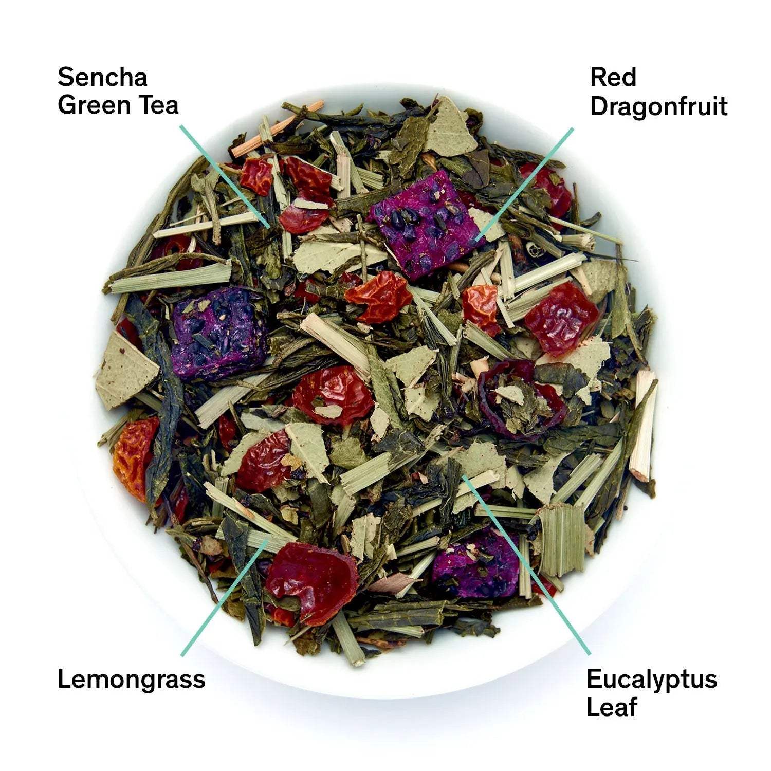 Tropic of Capricorn loose-leaf green tea blend with sencha, red dragonfruit pieces, lemongrass and eucalyptus leaf