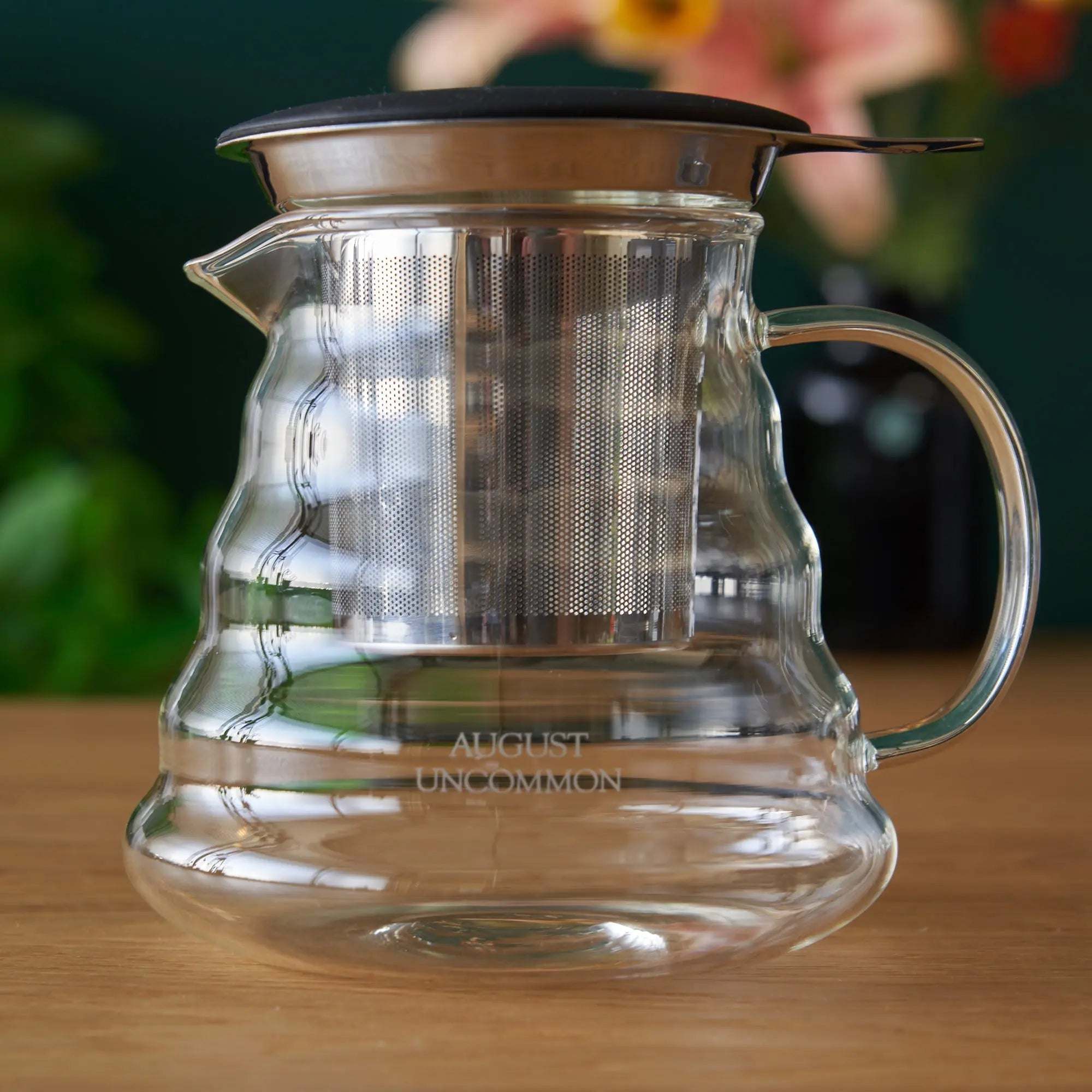Two Cup Glass Teapot in clear heatproof glass with stainless steel infuser, brown lid and curved handle