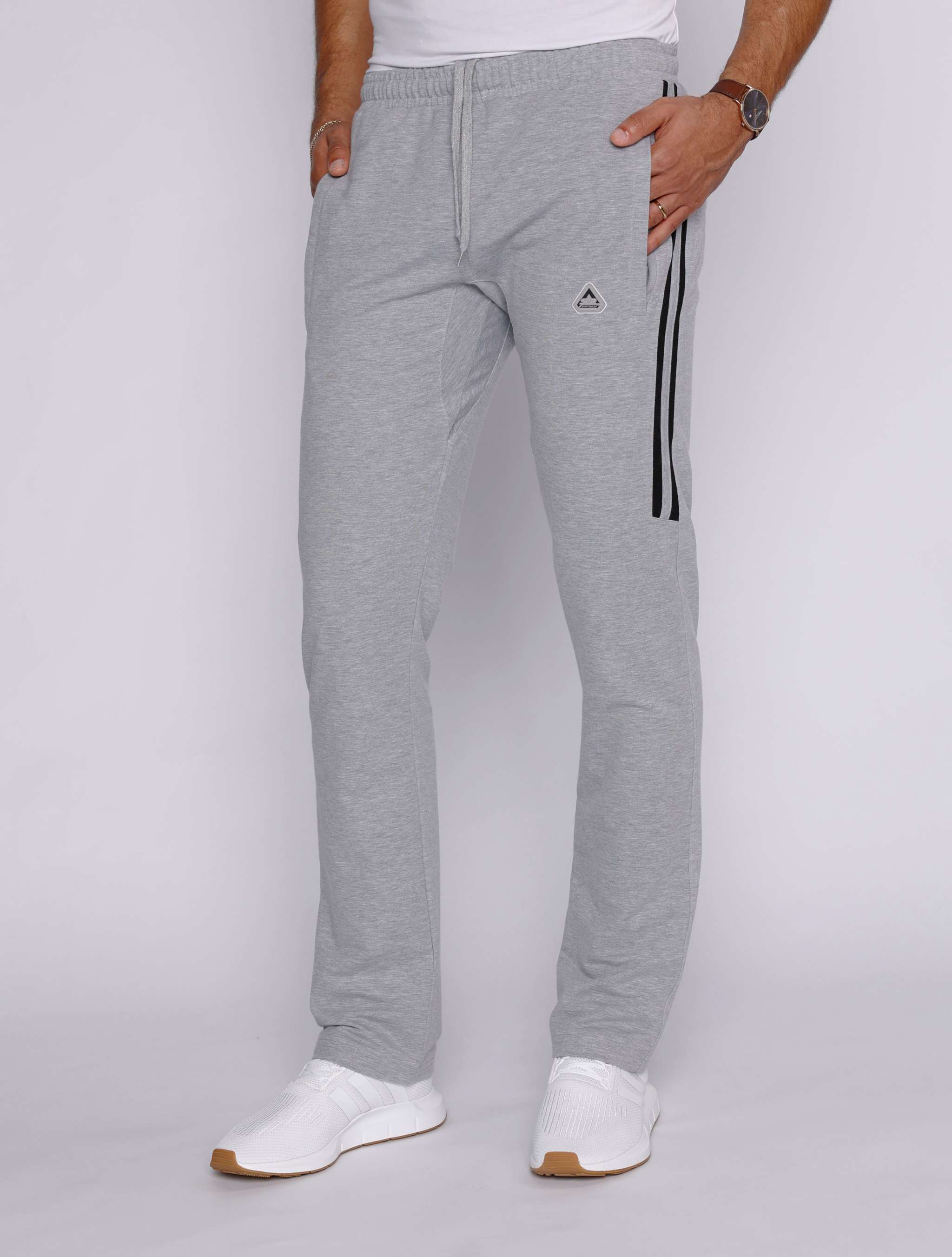 Ultimate Flex Athletic Sweatpants in light grey heather with a straight-leg fit, elastic waistband and black side stripe