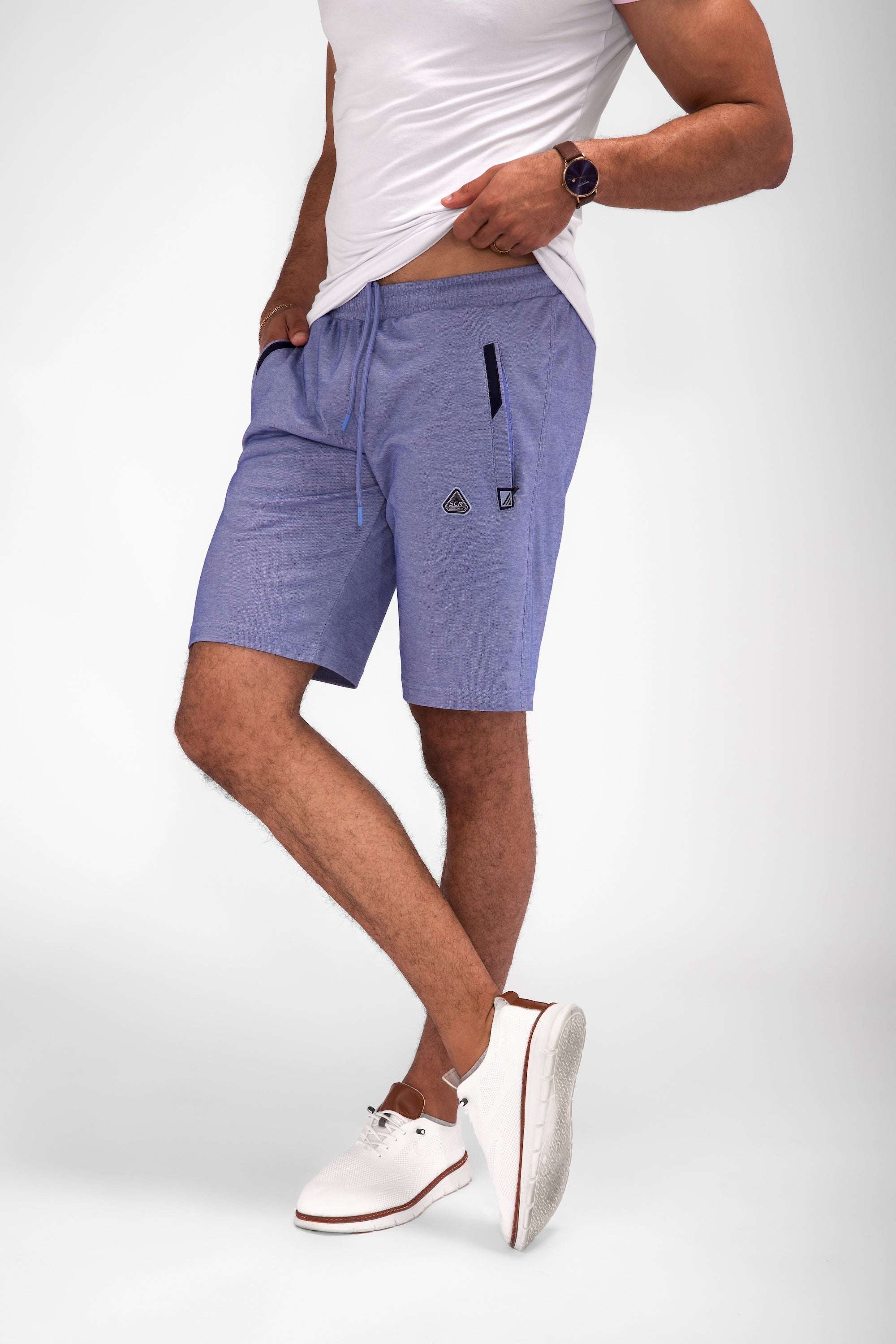 Urban Stride All-Day Wear Shorts in blue heathered fabric, with drawstring waist, side pockets and a zip pocket