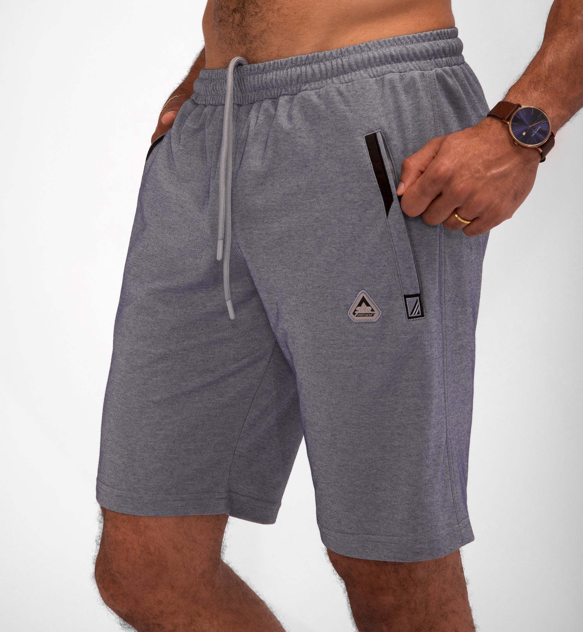 Urban Stride All-Day Wear Shorts in heather gray knit fabric, with a drawstring waist and zippered pockets