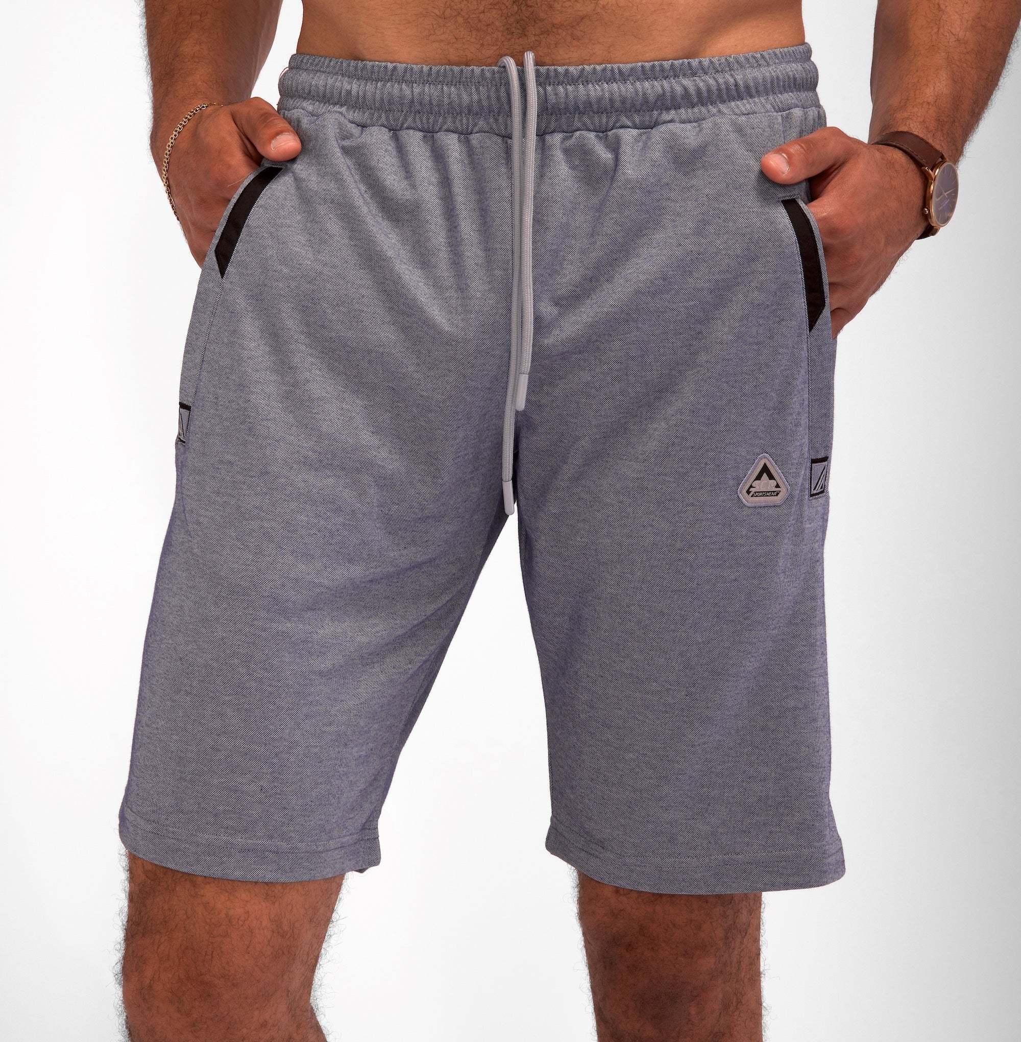Urban Stride All-Day Wear Shorts in heather gray cotton-polyester blend, with drawstring waist, dark-trimmed pockets and logo