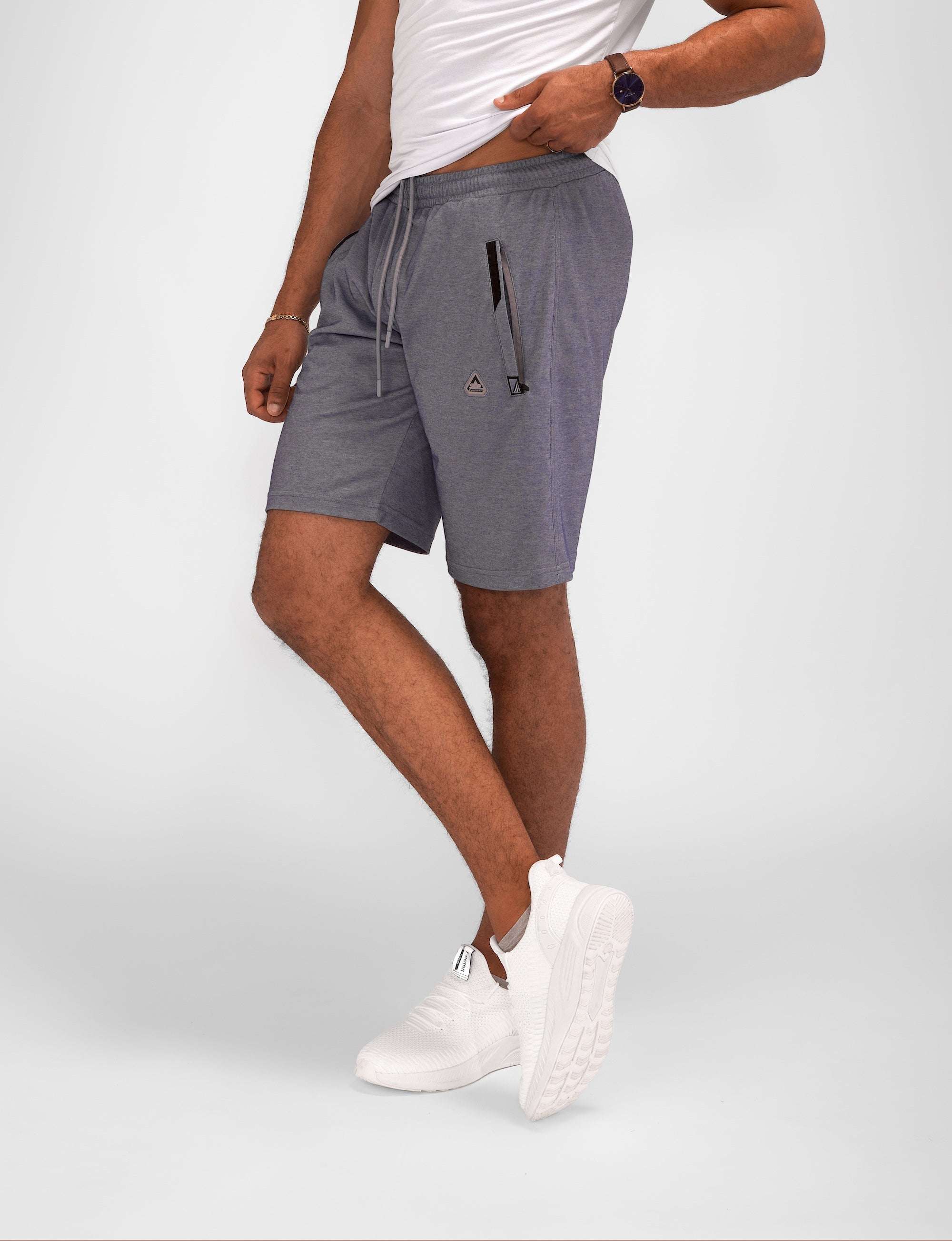Urban Stride All-Day Wear Shorts in heather gray with a relaxed fit, drawstring waist and zippered pocket