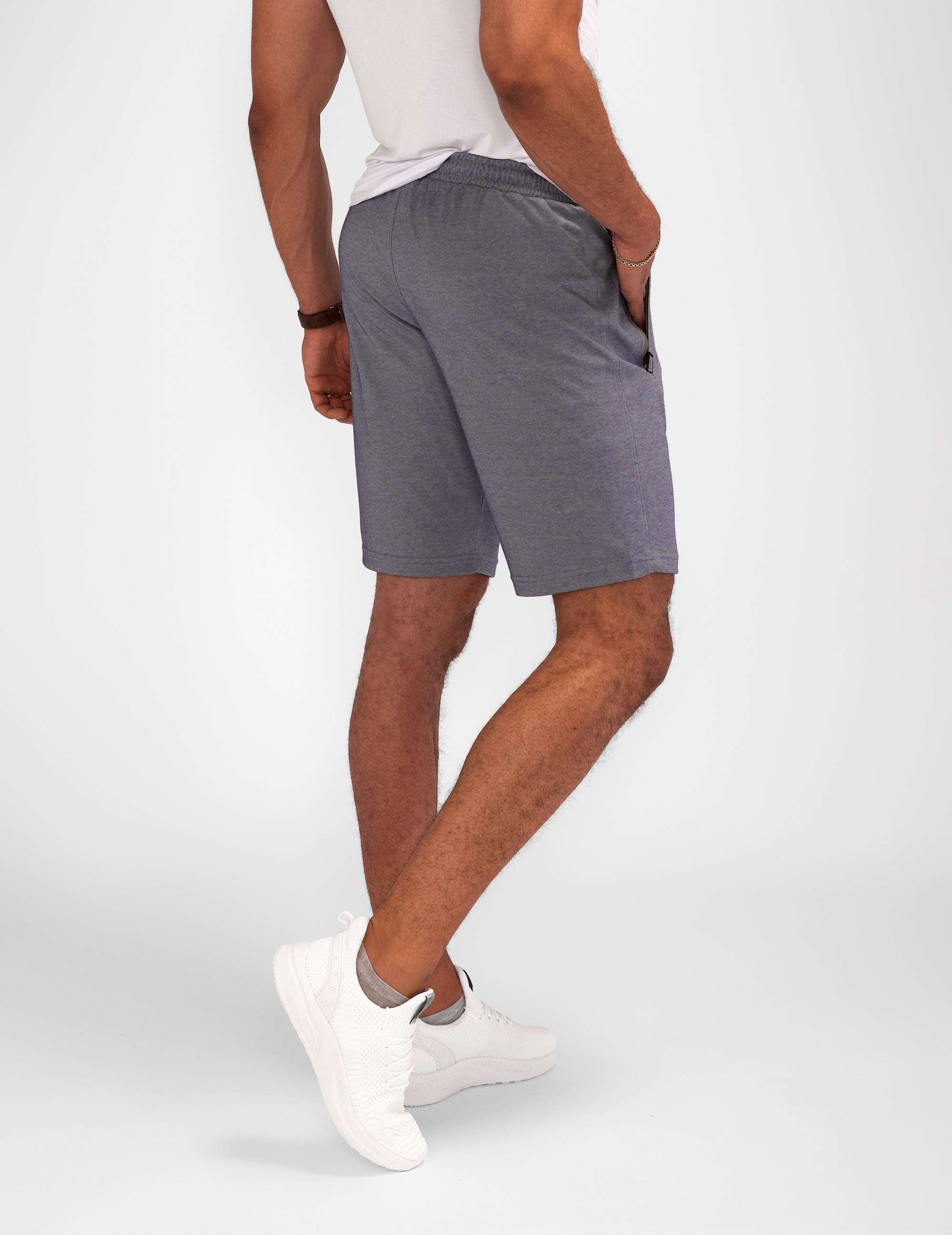 Urban Stride All-Day Wear Shorts in heather gray, with a soft knit texture, relaxed fit, and long inseam