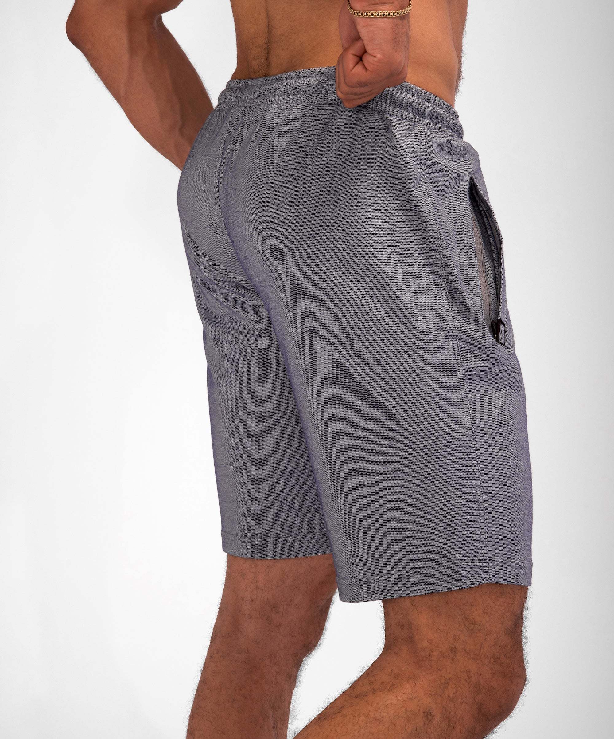 Urban Stride All-Day Wear Shorts in heather gray cotton-polyester knit with a relaxed fit, elastic waistband and zip pocket
