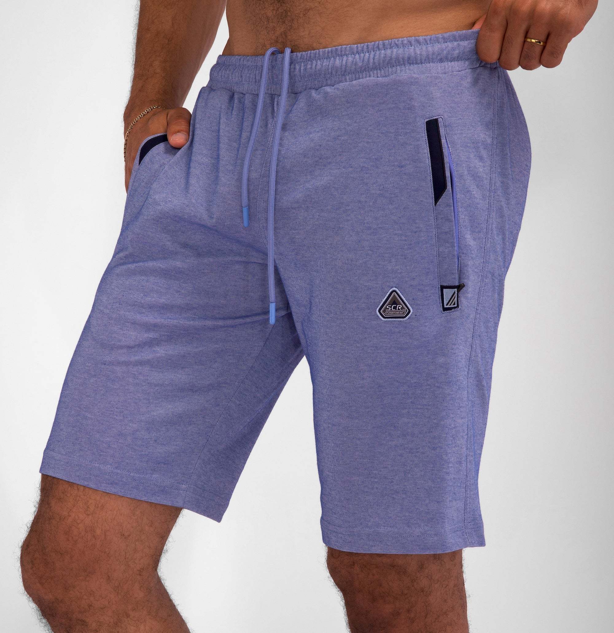 Urban Stride All-Day Wear Shorts in heathered blue knit fabric, with a drawstring waist and side pocket