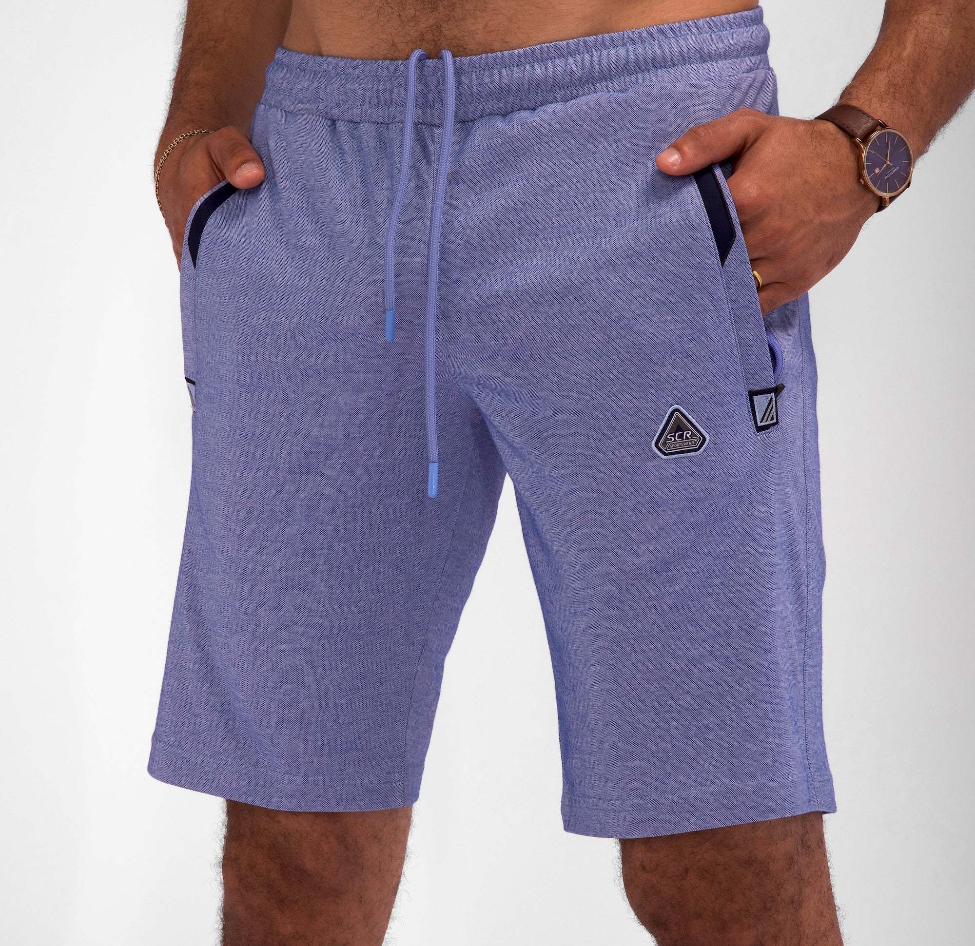 Urban Stride All-Day Wear Shorts in heathered blue cotton-blend fabric, with a drawstring waist and side pockets