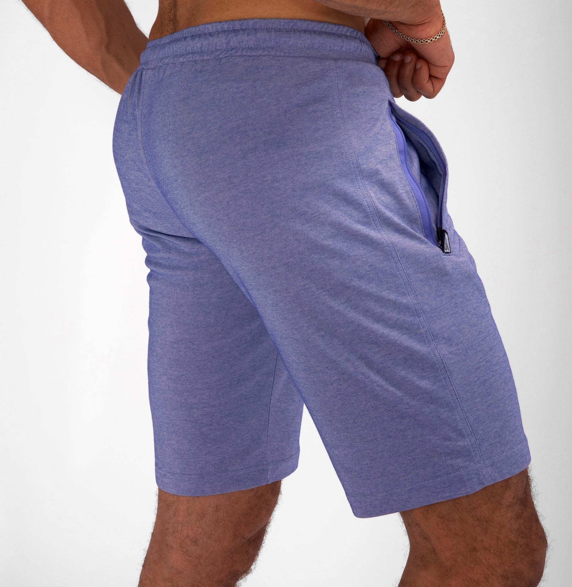 Urban Stride All-Day Wear Shorts in heathered blue with a soft knit look, elastic waistband and zippered side pocket