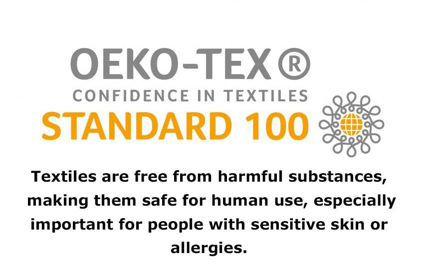 Urban Stride All-Day Wear Shorts product certification graphic featuring the OEKO-TEX Standard 100 label and textile safety statement