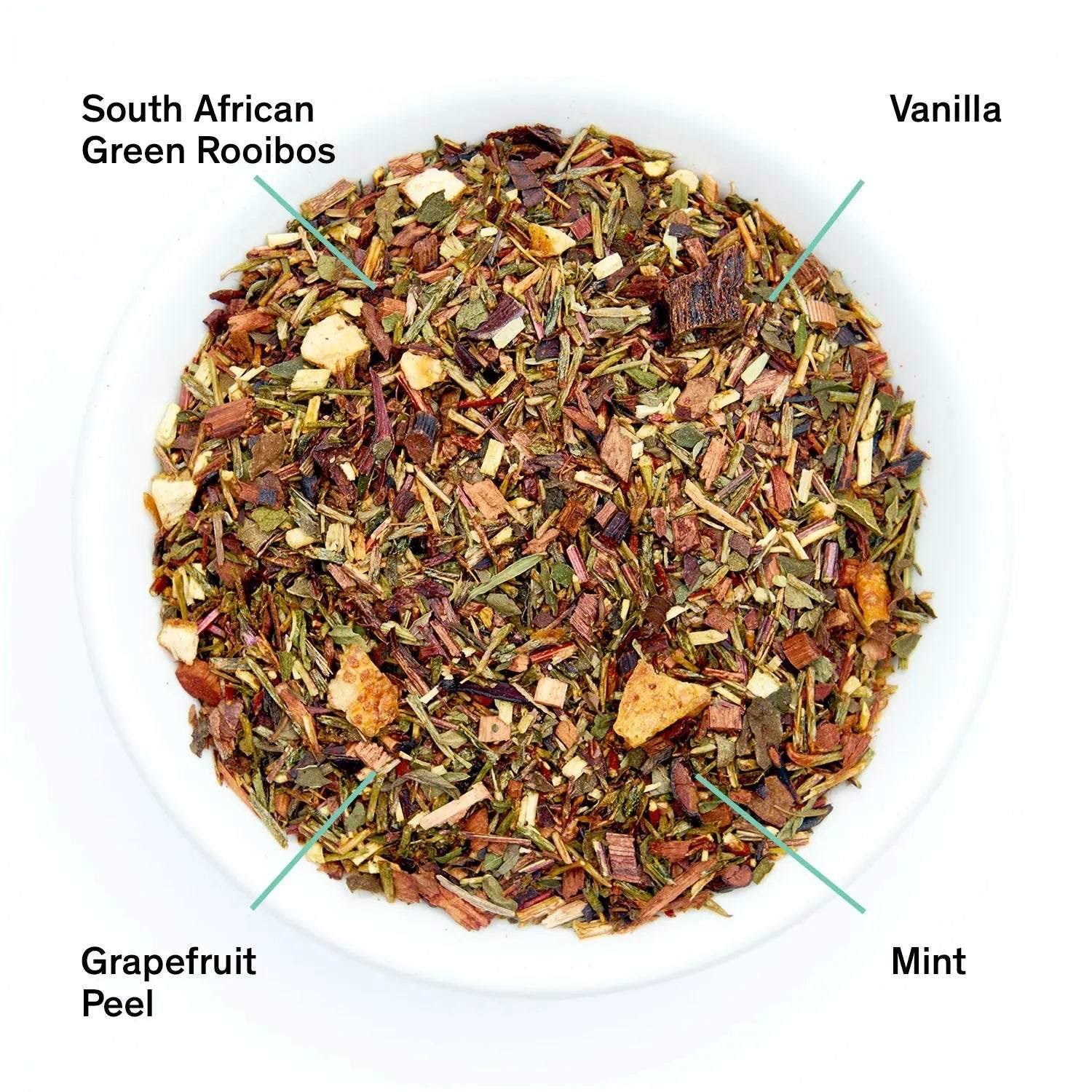 Vanilla Grapefruit Mint rooibos tea blend with visible green and reddish leaves, pale vanilla pieces and grapefruit peel