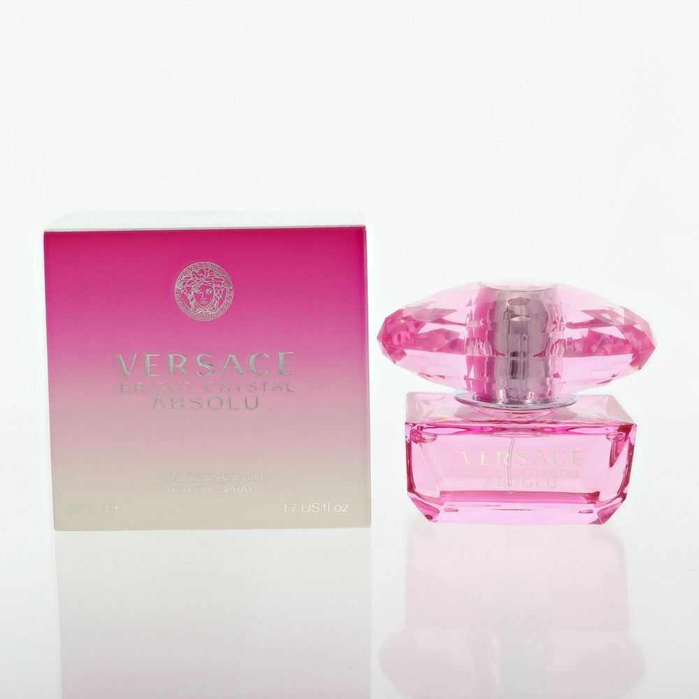 Versace Bright Crystal Absolu by Versace pink glass perfume bottle with faceted cap and matching gradient box