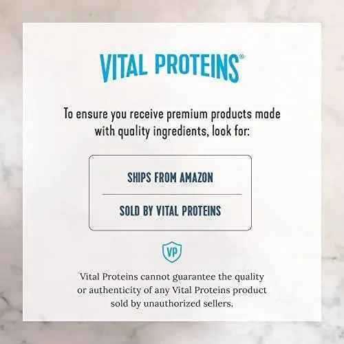 Vital Proteins Collagen Peptides Powder authenticity card with blue brand logo, black text and outlined seller verification box