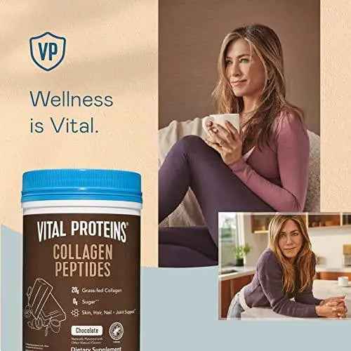 Vital Proteins Collagen Peptides Powder in a brown tub with a bright blue lid and chocolate flavor label, beside lifestyle images