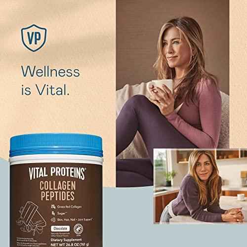 Vital Proteins Collagen Peptides Powder in a dark brown tub with a bright blue lid and chocolate flavor label
