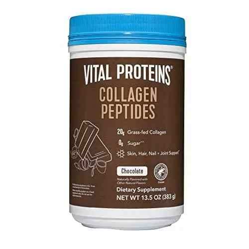 Vital Proteins Collagen Peptides Powder in a white tub with a bright blue lid and brown chocolate-flavor label