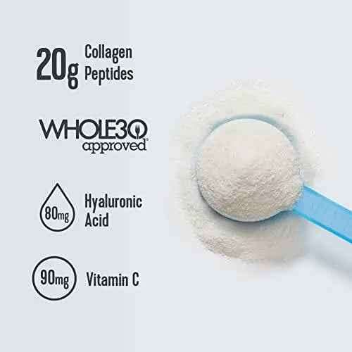 Vital Proteins Collagen Peptides Powder in a blue scoop, showing 20g collagen peptides, hyaluronic acid and vitamin C