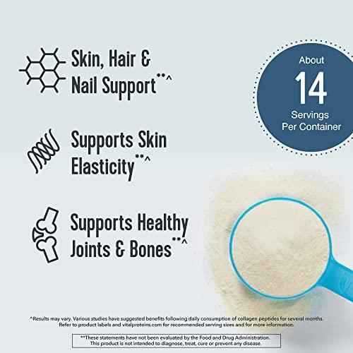 Vital Proteins Collagen Peptides Powder in a blue scoop with pale powder, labeled for skin, hair, nail, joint and bone support