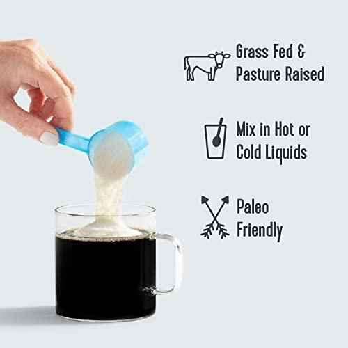 Vital Proteins Collagen Peptides Powder in a blue scoop, poured into a black drink, with grass-fed and paleo-friendly claims