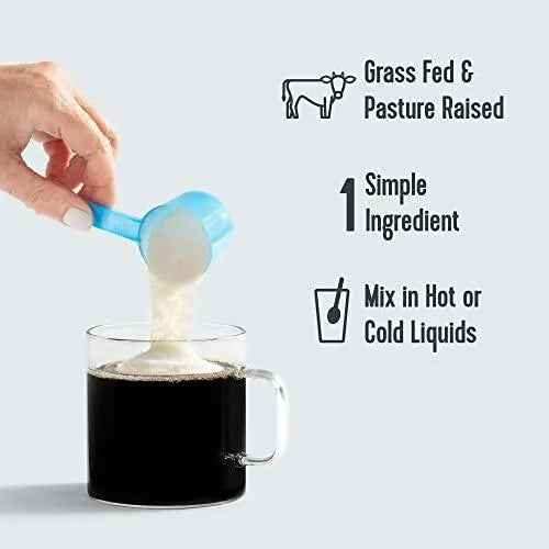 Vital Proteins Collagen Peptides Powder in a blue scoop poured into black coffee, with grass-fed, pasture-raised and one-ingredient claims