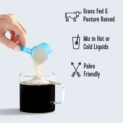 Vital Proteins Collagen Peptides Powder in a blue scoop being poured into coffee, with grass-fed and paleo-friendly claims