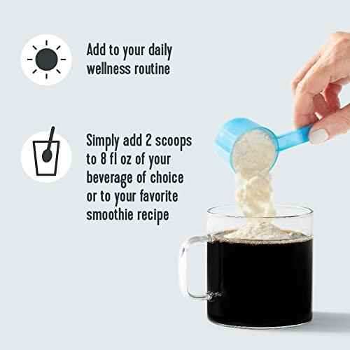 Vital Proteins Collagen Peptides Powder shown as pale powder in a blue scoop being poured into a dark beverage