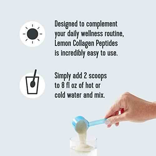 Vital Proteins Collagen Peptides Powder shown with a blue scoop pouring powder into a glass, with mixing instructions