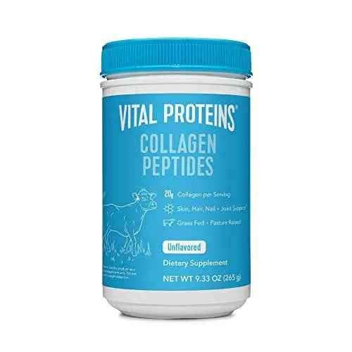 Vital Proteins Collagen Peptides Powder in a blue tub with a blue lid, labeled unflavored and 20g collagen per serving.