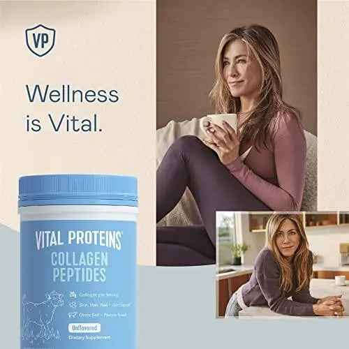 Vital Proteins Collagen Peptides Powder in a blue tub with a light blue lid, labeled unflavored collagen peptides