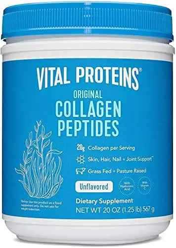 Vital Proteins Collagen Peptides Powder in a blue and white tub, with an unflavored label and botanical line art