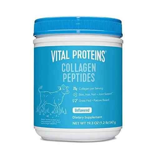 Vital Proteins Collagen Peptides Powder in a blue and white tub, with an unflavored label and cow illustration