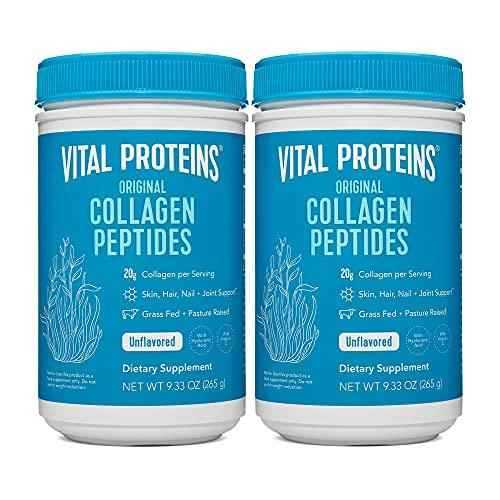 Vital Proteins Collagen Peptides Powder in two blue-and-white tubs, labeled unflavored with 20g collagen per serving